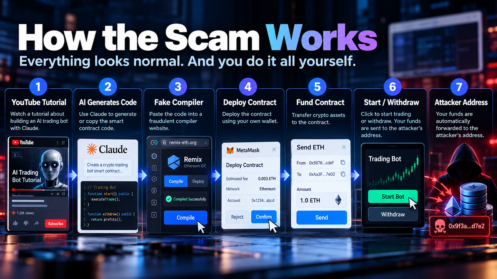 AI trading bot scam attack flow